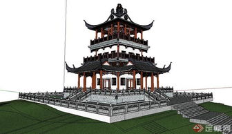 某仿古木構(gòu)萬(wàn)卷閣建筑設(shè)計(jì)方案su模型